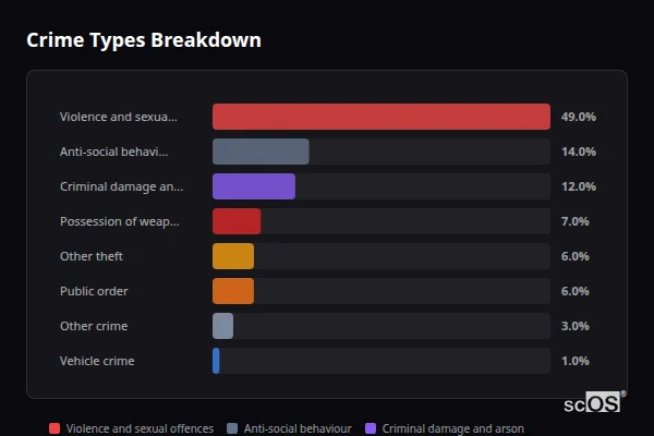 Crime Types Breakdown for Snainton - showing Violence and sexual offences (49%), Anti-social behaviour (14%), Criminal damage and arson (12%)