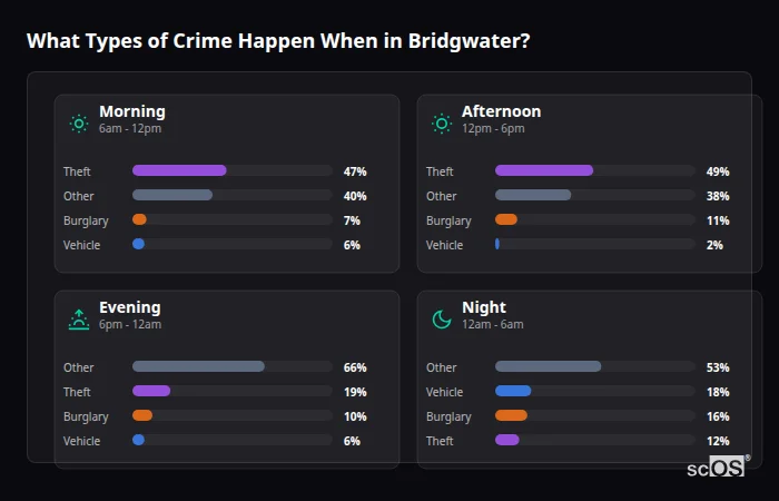 What Types of Crime Happen When in Bridgwater? Crime types by time period for Bridgwater - showing breakdown of burglary, violence, theft, and vehicle crime by morning, afternoon, evening, and night