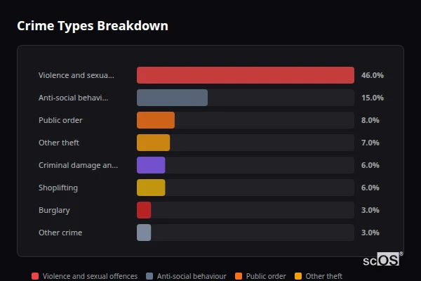 Crime Types Breakdown - Burnham-on-Sea Crime Types Breakdown for Burnham-on-Sea - showing Violence and sexual offences (46%), Anti-social behaviour (15%), Public order (8%)