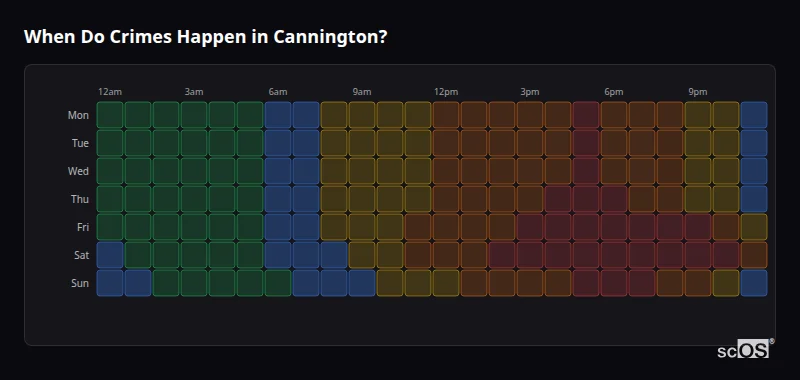 Crime time heatmap for Cannington - showing when crimes are most likely to occur by day and hour