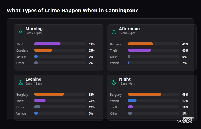 Crime types by time period for Cannington - showing breakdown of burglary, violence, theft, and vehicle crime by morning, afternoon, evening, and night