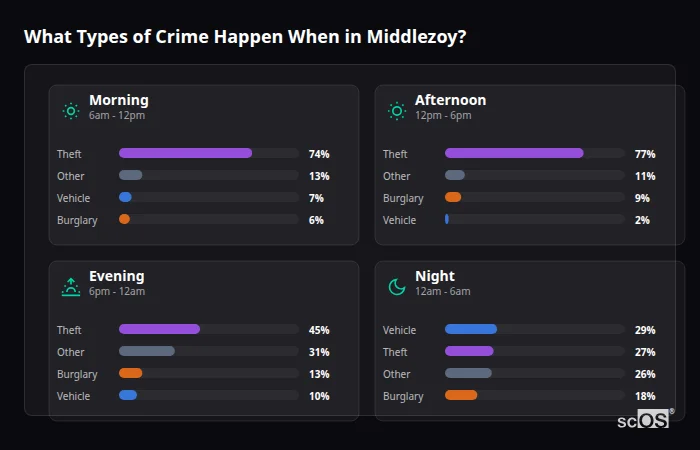 Crime types by time period for Middlezoy - showing breakdown of burglary, violence, theft, and vehicle crime by morning, afternoon, evening, and night