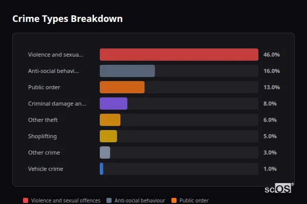 Crime Types Breakdown for North Petherton - showing Violence and sexual offences (46%), Anti-social behaviour (16%), Public order (13%)