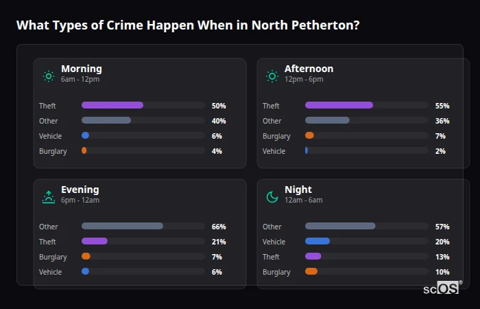 Crime types by time period for North Petherton - showing breakdown of burglary, violence, theft, and vehicle crime by morning, afternoon, evening, and night