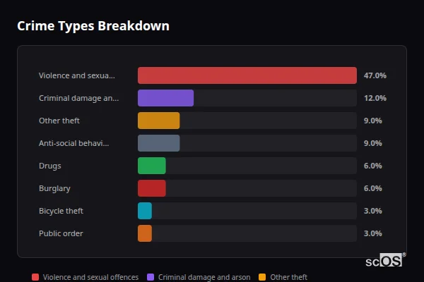 Crime Types Breakdown for Wembdon - showing Violence and sexual offences (47%), Criminal damage and arson (12%), Other theft (9%)