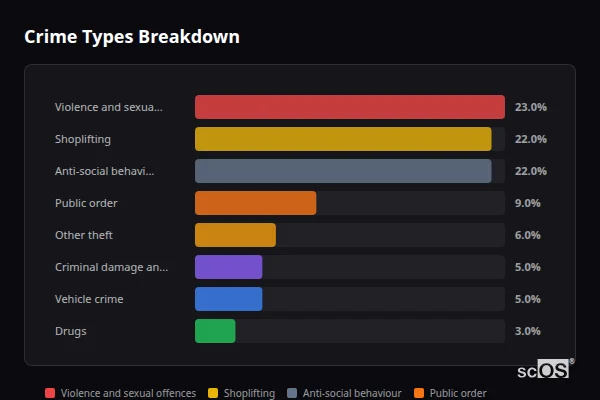 Crime Types Breakdown - Aintree Crime Types Breakdown for Aintree - showing Violence and sexual offences (23%), Shoplifting (22%), Anti-social behaviour (22%)