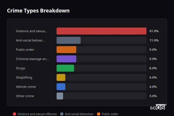 Crime Types Breakdown for Litherland - showing Violence and sexual offences (41%), Anti-social behaviour (11%), Public order (9%)