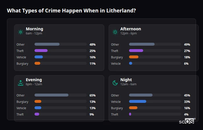 Crime types by time period for Litherland - showing breakdown of burglary, violence, theft, and vehicle crime by morning, afternoon, evening, and night