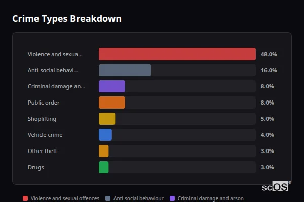 Crime Types Breakdown for Maghull - showing Violence and sexual offences (48%), Anti-social behaviour (16%), Criminal damage and arson (8%)