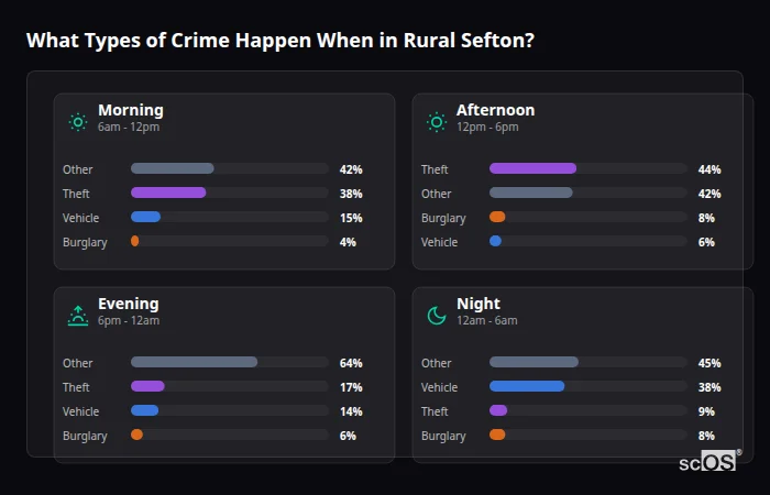 Crime types by time period for Rural Sefton - showing breakdown of burglary, violence, theft, and vehicle crime by morning, afternoon, evening, and night