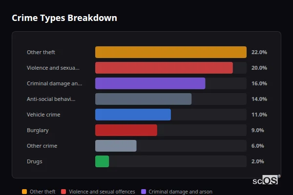 Crime Types Breakdown for North Duffield - showing Other theft (22%), Violence and sexual offences (20%), Criminal damage and arson (16%)