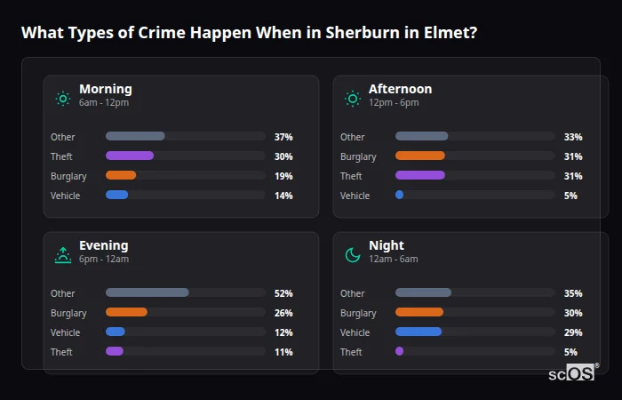 What Types of Crime Happen When in Sherburn in Elmet? Crime types by time period for Sherburn in Elmet - showing breakdown of burglary, violence, theft, and vehicle crime by morning, afternoon, evening, and night