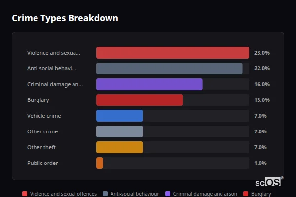 Crime Types Breakdown for Horton Kirby - showing Violence and sexual offences (23%), Anti-social behaviour (22%), Criminal damage and arson (16%)