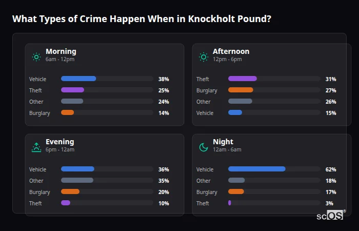 What Types of Crime Happen When in Knockholt Pound? Crime types by time period for Knockholt Pound - showing breakdown of burglary, violence, theft, and vehicle crime by morning, afternoon, evening, and night