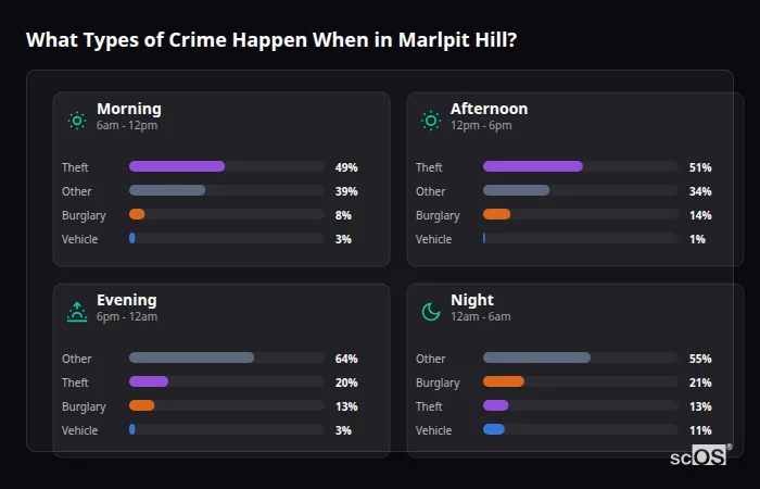 Crime types by time period for Marlpit Hill - showing breakdown of burglary, violence, theft, and vehicle crime by morning, afternoon, evening, and night