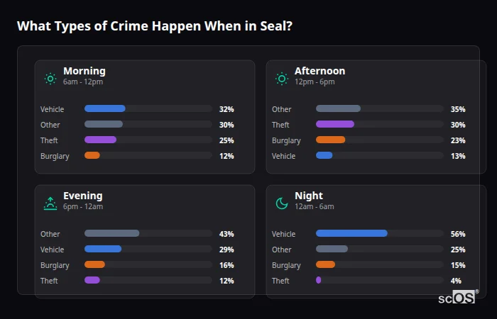 Crime types by time period for Seal - showing breakdown of burglary, violence, theft, and vehicle crime by morning, afternoon, evening, and night