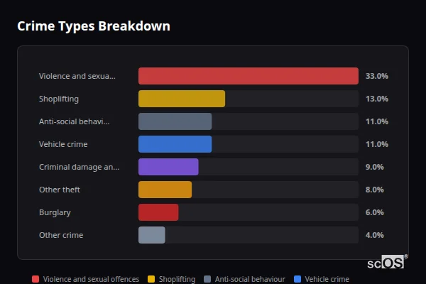 Crime Types Breakdown for South Darenth and Sutton at Hone - showing Violence and sexual offences (33%), Shoplifting (13%), Anti-social behaviour (11%)