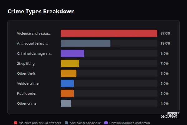 Crime Types Breakdown - Swanley Crime Types Breakdown for Swanley - showing Violence and sexual offences (37%), Anti-social behaviour (19%), Criminal damage and arson (9%)