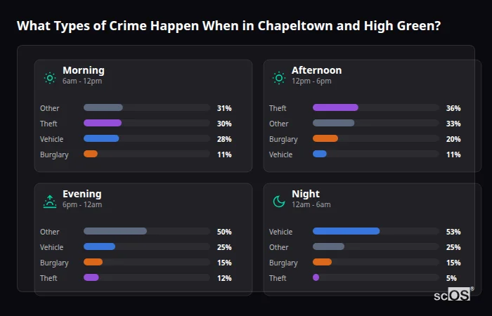 Crime types by time period for Chapeltown and High Green - showing breakdown of burglary, violence, theft, and vehicle crime by morning, afternoon, evening, and night