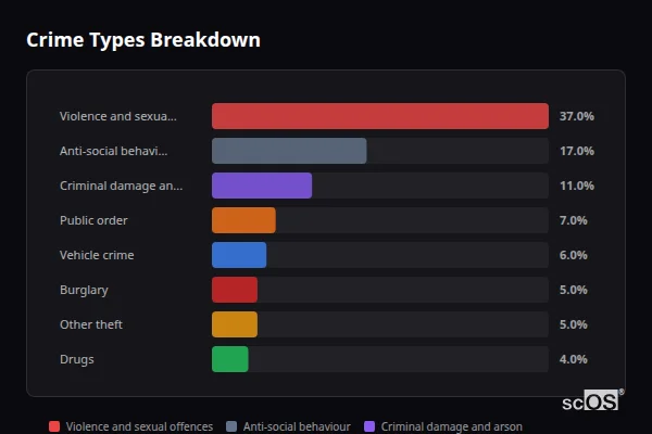 Crime Types Breakdown for Rural Sheffield - showing Violence and sexual offences (37%), Anti-social behaviour (17%), Criminal damage and arson (11%)