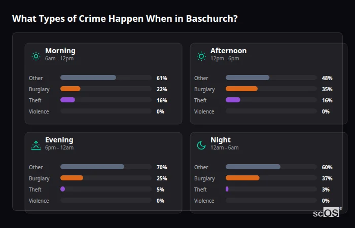 Crime types by time period for Baschurch - showing breakdown of burglary, violence, theft, and vehicle crime by morning, afternoon, evening, and night