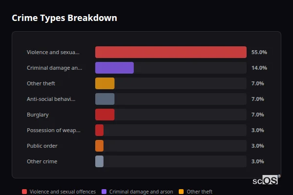 Crime Types Breakdown - Cheswardine Crime Types Breakdown for Cheswardine - showing Violence and sexual offences (55%), Criminal damage and arson (14%), Other theft (7%)