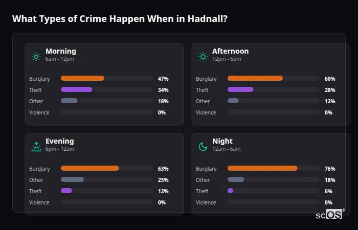 Crime types by time period for Hadnall - showing breakdown of burglary, violence, theft, and vehicle crime by morning, afternoon, evening, and night