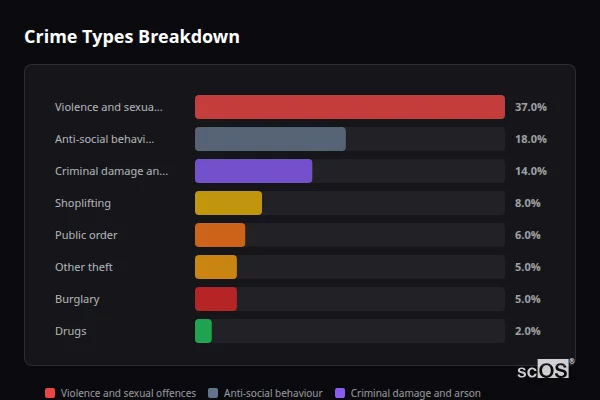 Crime Types Breakdown for Ludlow - showing Violence and sexual offences (37%), Anti-social behaviour (18%), Criminal damage and arson (14%)