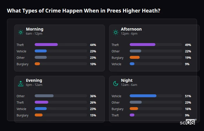 Crime types by time period for Prees Higher Heath - showing breakdown of burglary, violence, theft, and vehicle crime by morning, afternoon, evening, and night