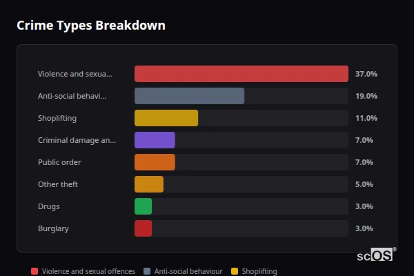 Crime Types Breakdown for Shrewsbury - showing Violence and sexual offences (37%), Anti-social behaviour (19%), Shoplifting (11%)