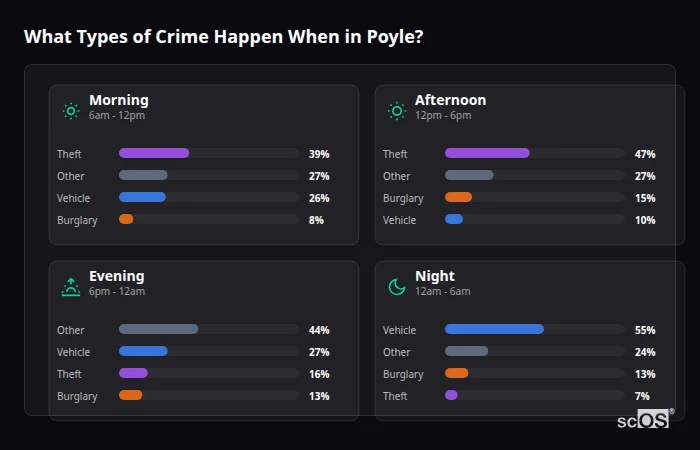 What Types of Crime Happen When in Poyle? Crime types by time period for Poyle - showing breakdown of burglary, violence, theft, and vehicle crime by morning, afternoon, evening, and night