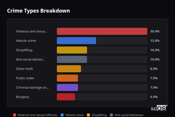 Crime Types Breakdown for Balsall Common - showing Violence and sexual offences (30%), Vehicle crime (13%), Shoplifting (10%)