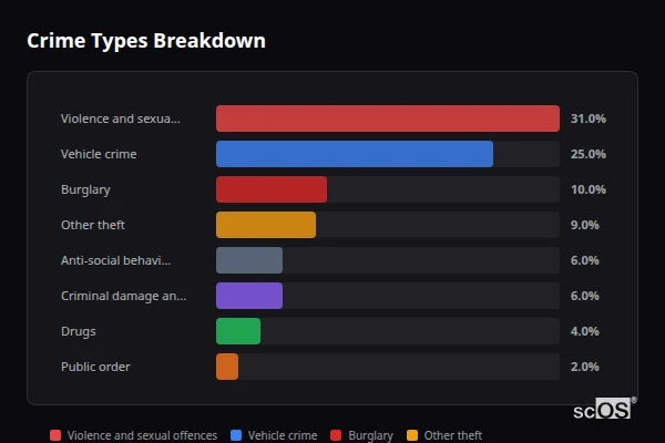 Crime Types Breakdown for Hampton in Arden - showing Violence and sexual offences (31%), Vehicle crime (25%), Burglary (10%)