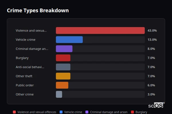 Crime Types Breakdown for Rural Solihull - showing Violence and sexual offences (43%), Vehicle crime (13%), Criminal damage and arson (8%)