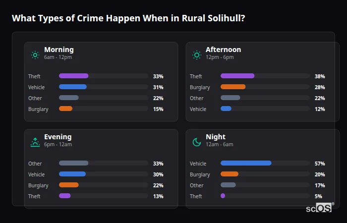 Crime types by time period for Rural Solihull - showing breakdown of burglary, violence, theft, and vehicle crime by morning, afternoon, evening, and night