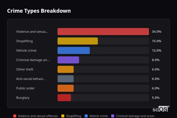 Crime Types Breakdown for Solihull - showing Violence and sexual offences (31%), Shoplifting (21%), Vehicle crime (10%)
