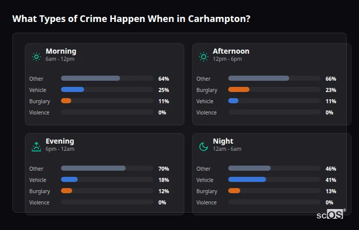 What Types of Crime Happen When in Carhampton? Crime types by time period for Carhampton - showing breakdown of burglary, violence, theft, and vehicle crime by morning, afternoon, evening, and night