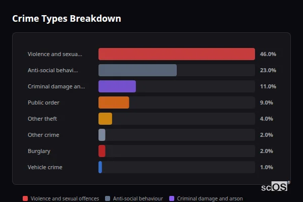 Crime Types Breakdown for Cotford St Luke - showing Violence and sexual offences (46%), Anti-social behaviour (23%), Criminal damage and arson (11%)