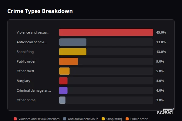 Crime Types Breakdown - Norton Fitzwarren Crime Types Breakdown for Norton Fitzwarren - showing Violence and sexual offences (45%), Anti-social behaviour (13%), Shoplifting (13%)