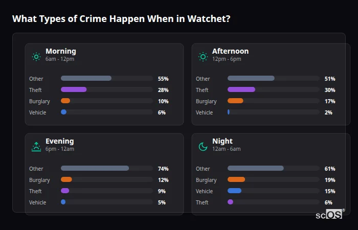 Crime types by time period for Watchet - showing breakdown of burglary, violence, theft, and vehicle crime by morning, afternoon, evening, and night