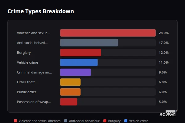 Crime Types Breakdown for Coton - showing Violence and sexual offences (28%), Anti-social behaviour (17%), Burglary (12%)