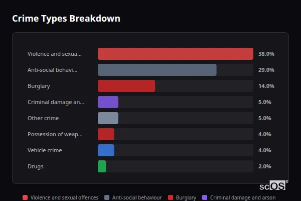 Crime Types Breakdown for Fowlmere - showing Violence and sexual offences (38%), Anti-social behaviour (29%), Burglary (14%)