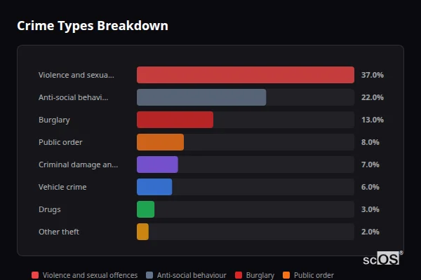 Crime Types Breakdown for Meldreth - showing Violence and sexual offences (37%), Anti-social behaviour (22%), Burglary (13%)