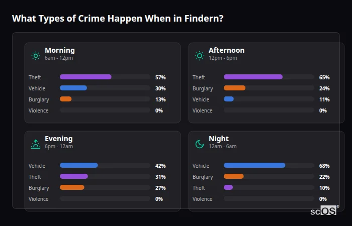 What Types of Crime Happen When in Findern? Crime types by time period for Findern - showing breakdown of burglary, violence, theft, and vehicle crime by morning, afternoon, evening, and night