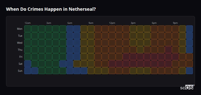 Crime time heatmap for Netherseal - showing when crimes are most likely to occur by day and hour