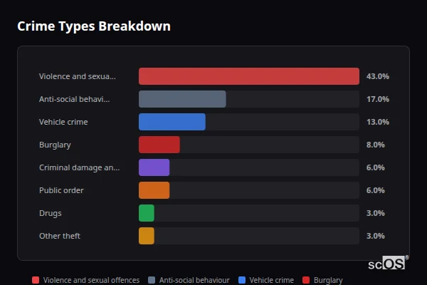 Crime Types Breakdown for Overseal and Castle Gresley - showing Violence and sexual offences (43%), Anti-social behaviour (17%), Vehicle crime (13%)