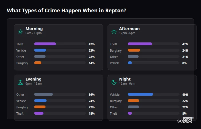 Crime types by time period for Repton - showing breakdown of burglary, violence, theft, and vehicle crime by morning, afternoon, evening, and night