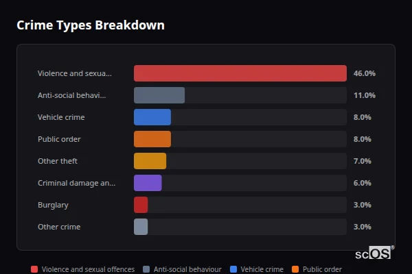 Crime Types Breakdown for Rural South Derbyshire - showing Violence and sexual offences (46%), Anti-social behaviour (11%), Vehicle crime (8%)