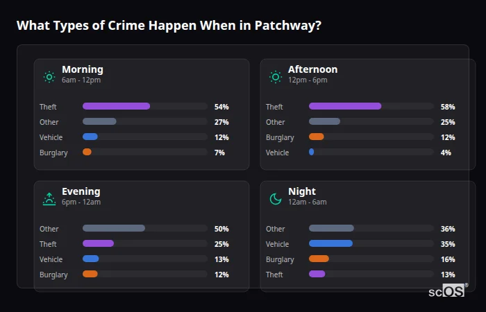 Crime types by time period for Patchway - showing breakdown of burglary, violence, theft, and vehicle crime by morning, afternoon, evening, and night