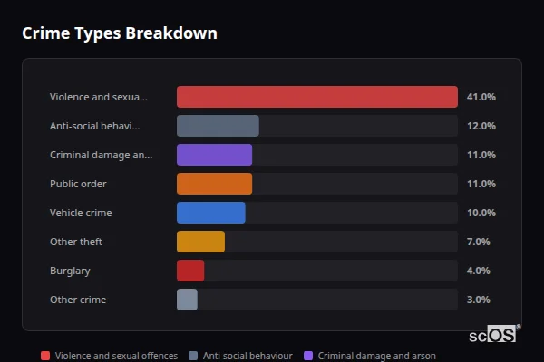 Crime Types Breakdown for Pilning - showing Violence and sexual offences (41%), Anti-social behaviour (12%), Criminal damage and arson (11%)